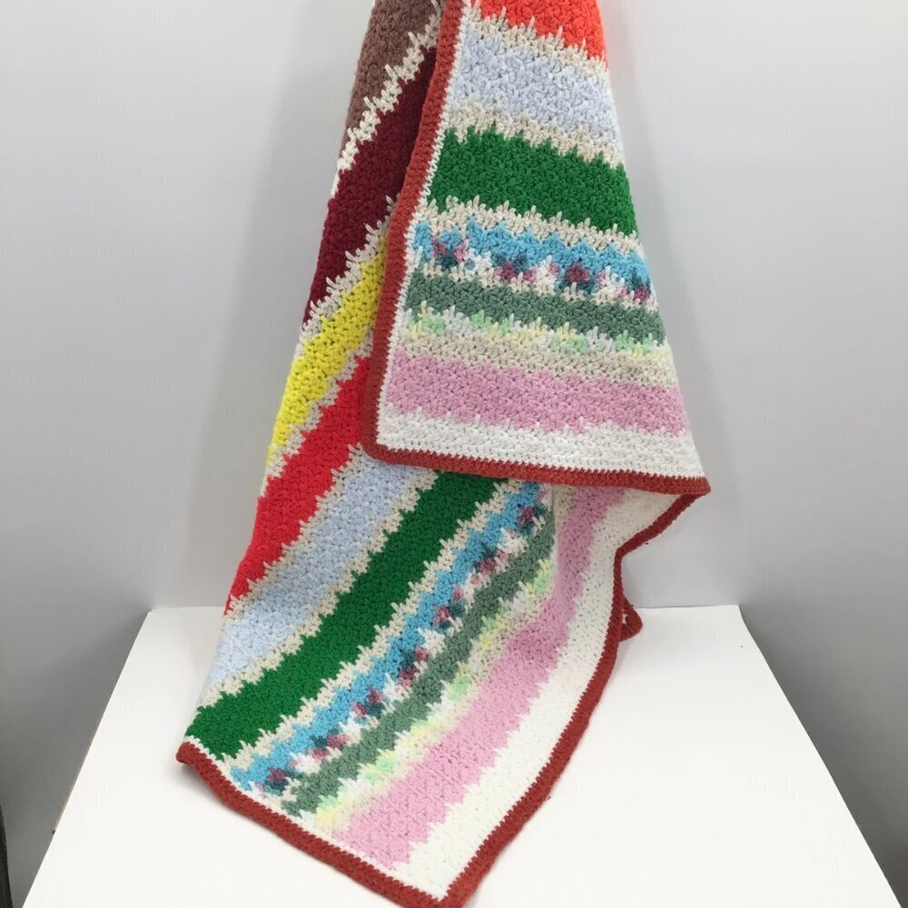 Vintage 1970s Retro Granny Baby Blanket Handmade MCM Colorful Striped Dopamine - Picture 13 of 13
